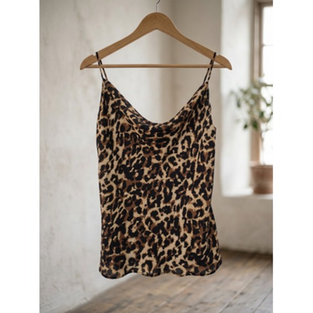 Resa Cami M Cowl Neck Leopard Print Sleeveless Tank Top Brown Black Tan